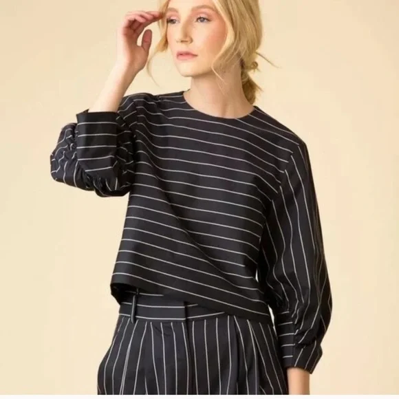 Tibi Sateen Striped Navy Blue Top